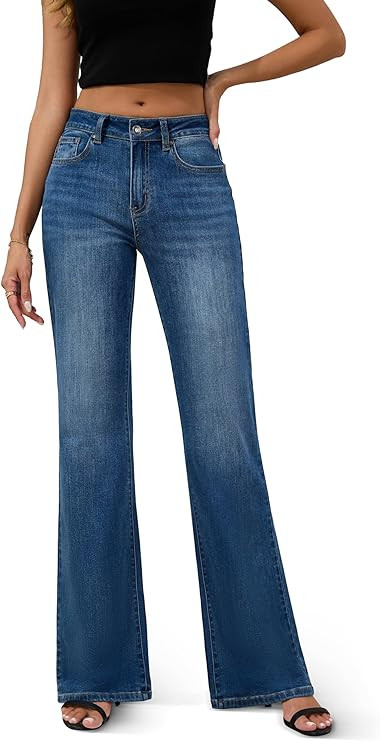 FLYING BANANA Women's High Rise Wide Leg Baggy Stretchy Loose Flare Bell Bottom Denim Jeans | Amazon (US)