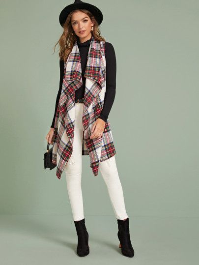 Waterfall Open Front Plaid Vest Coat | SHEIN