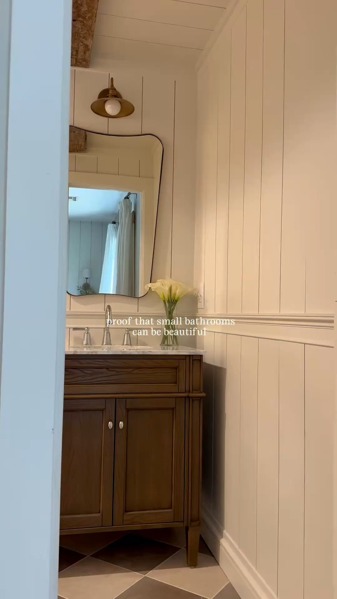 Proof that a small bathroom can still be beautiful!!! Linking my bathroom materials as well as the decor pieces. The light is the antique brass option on @Etsy — I love these glass bottles for shampoo, conditioner and body wash. Paint color is shoji white - Sherwin Williams. The soap dispenser was a HomeGoods find as well as my towels!

#LTKHome