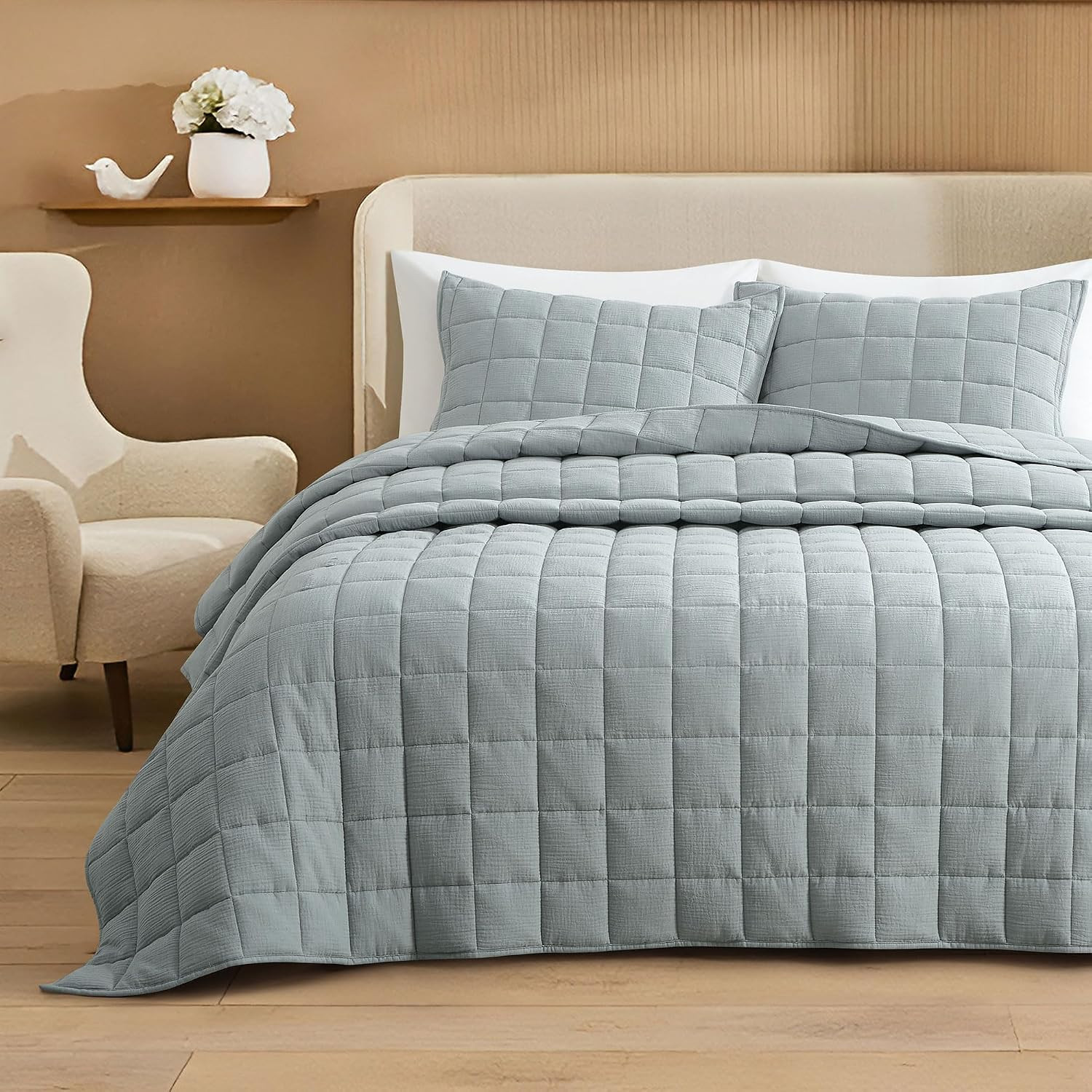Cotton Muslin Gauze Quilt Set King, Soft Breathable, Dusty Blue | Amazon (US)