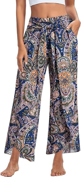 MNLYBABY Wide Leg Pants for Women's Work Business Slit Boho Printed Pants Casual Loose Flowy Tie ... | Amazon (US)