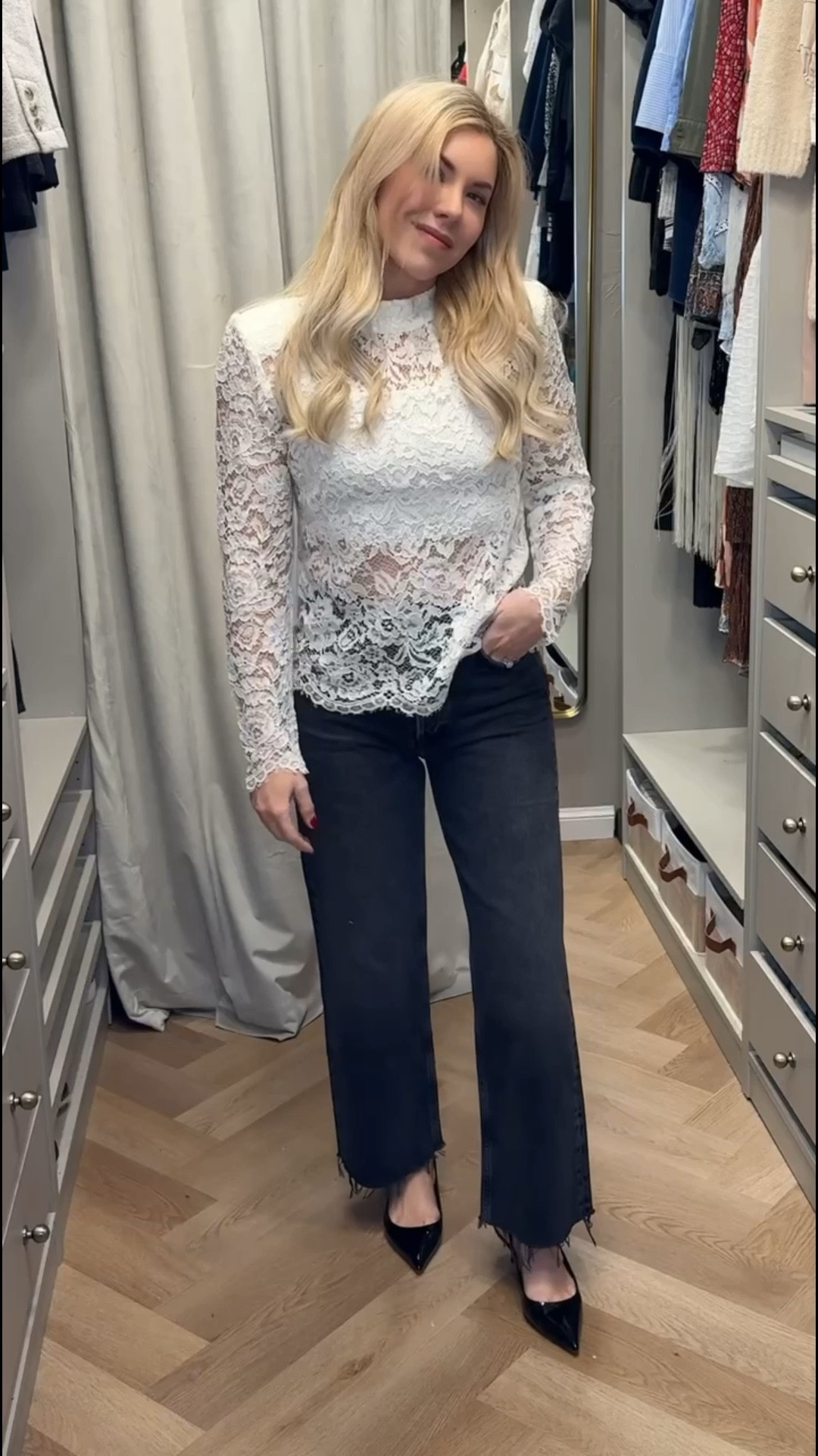 Lace top
Black jeans 
Wide leg cropped jeans 
Kitten heel 
Spring Outfit 

#LTKSeasonal #LTKgrwm #LTKootd