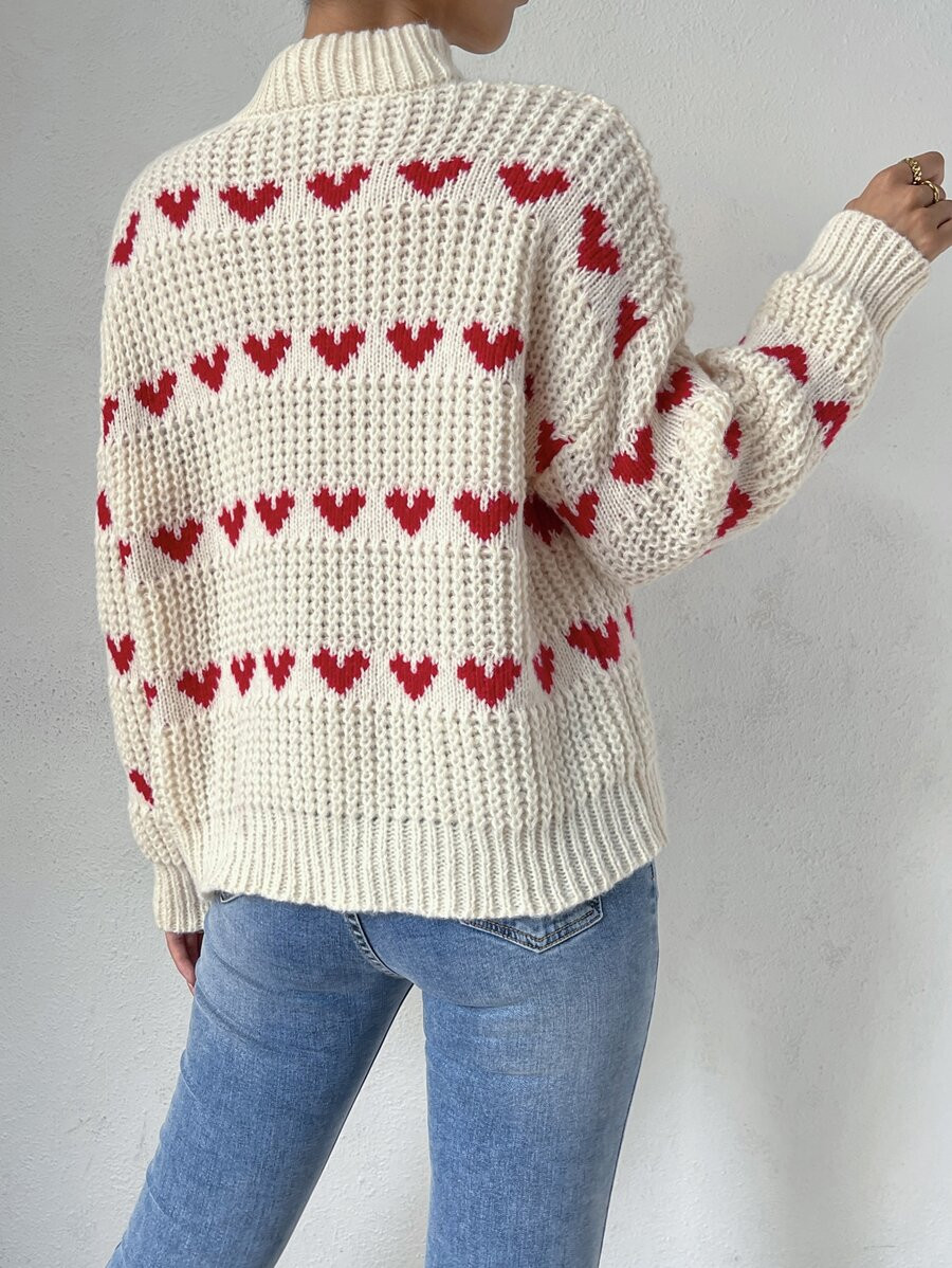 SHEIN MOOSTA Heart Pattern Drop Shoulder Sweater,Long Sleeve Tops | SHEIN