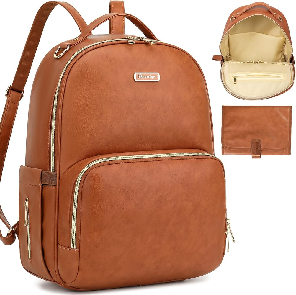 Beaulyn Leather Diaper Bag Backpack, Baby Diaper Bag with Changing Pad, Large Capacity 14 Pockets... | Amazon (US)