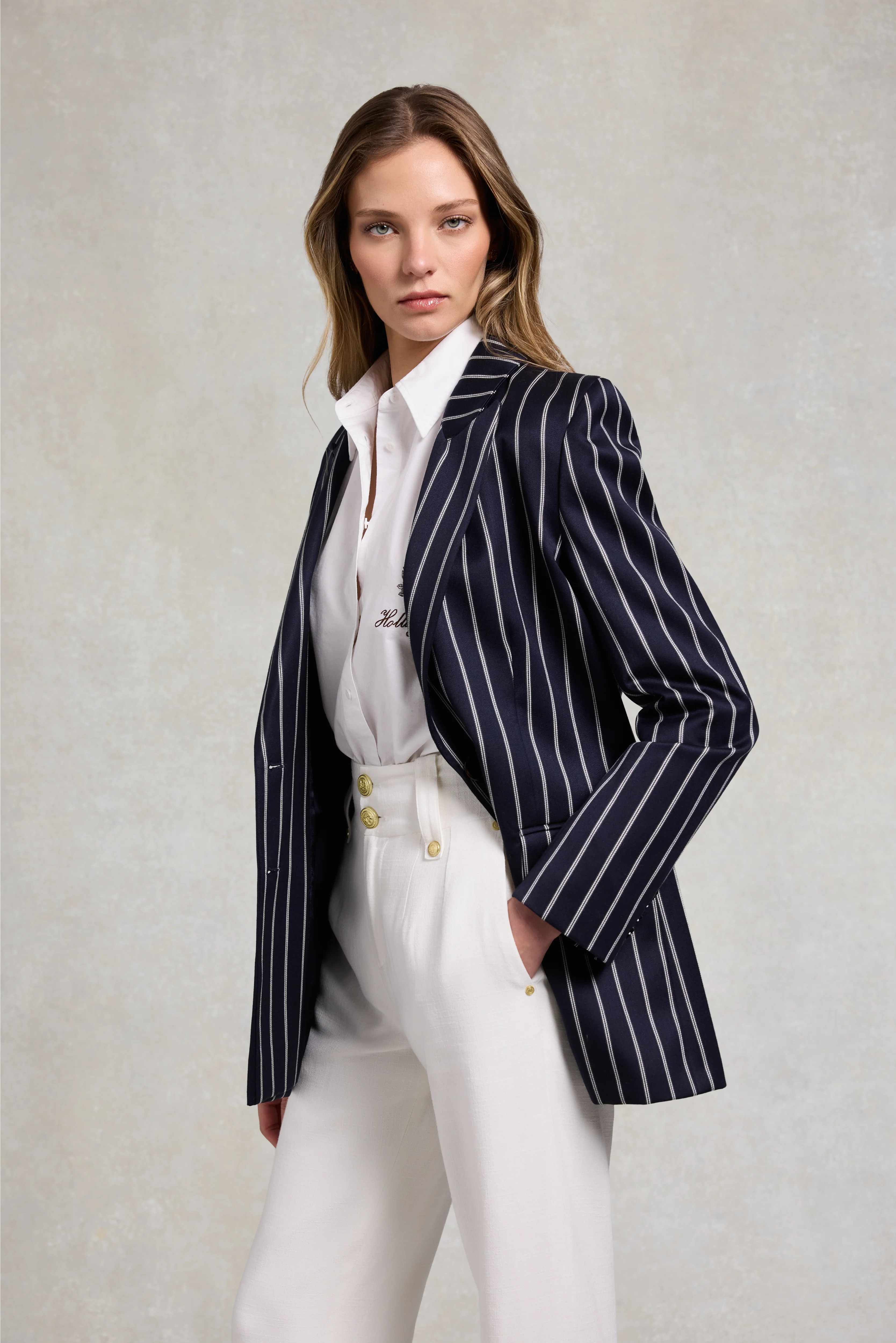 Single Breasted Belgravia Blazer (Ink Navy Wide Stripe) | Holland Cooper