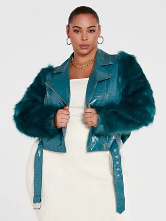 Jamila Croc Faux Leather Moto Jacket with Fur Sleeves - Fashion To Figure | Fashion to Figure