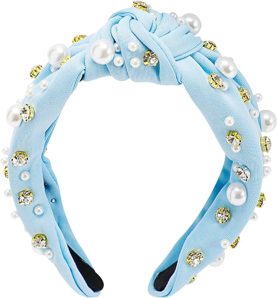 Fepibur Blue Pearl Headband Pearly Knotted Women Headband Jeweled Headbands for Women Boho Wide H... | Amazon (US)