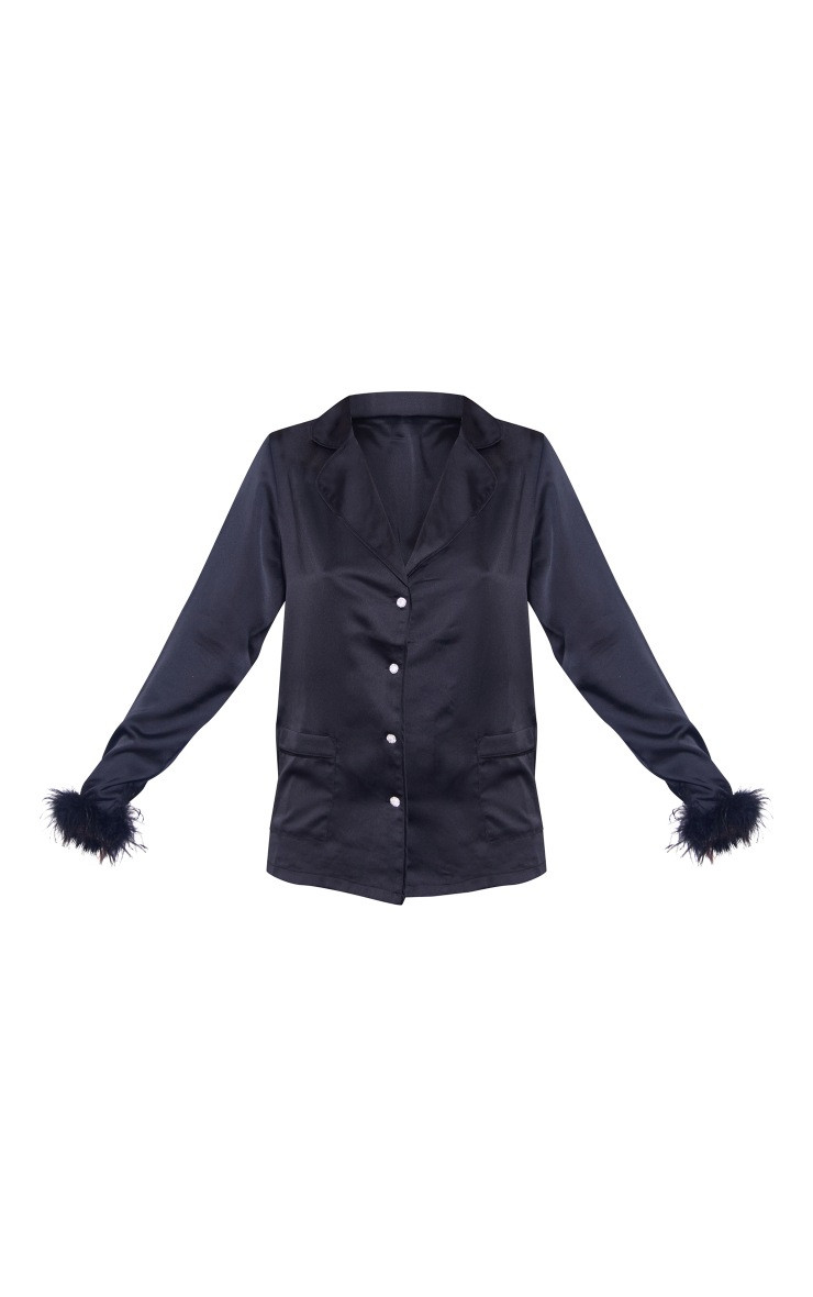 Black Satin Feather Trim Diamante Button Up Shirt | PrettyLittleThing US