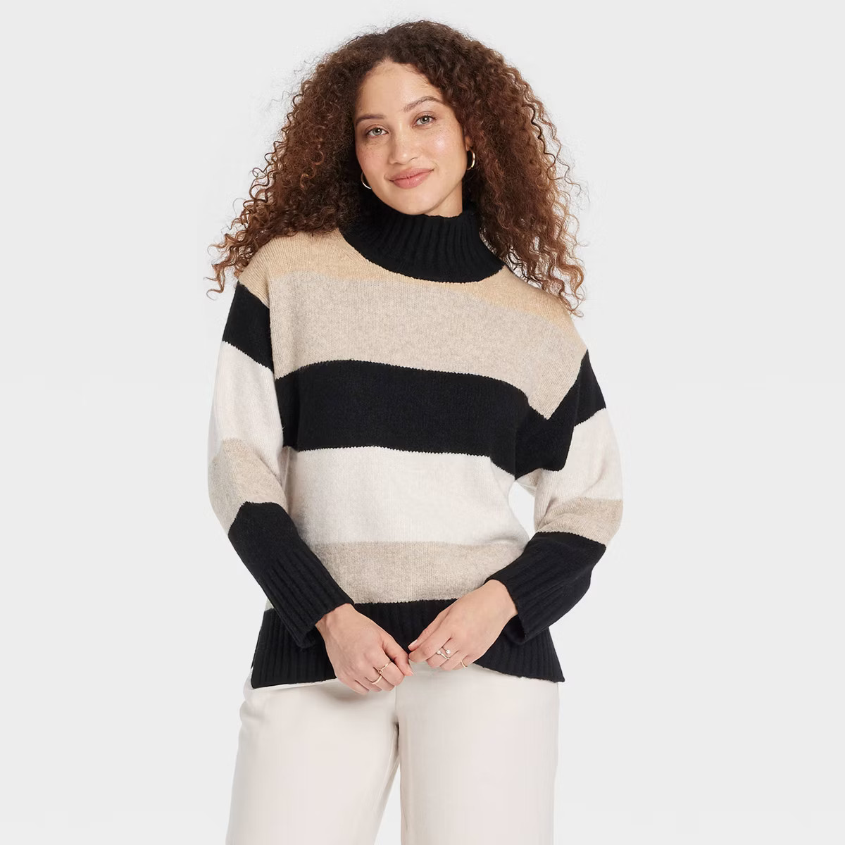 Women's Cozy Knit Mock Turtleneck Pullover Sweater - A New Day™ Black/Camel/Gray Striped M | Target