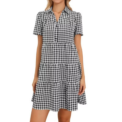INSPIRE CHIC Women's Gingham Vintage V Neck Short Sleeve Button Front Swing Tiered Mini Dresses X-Large Black | Target
