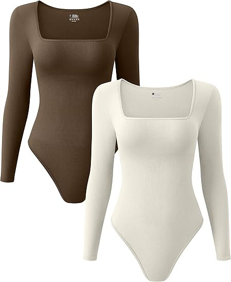 OQQ Women's 2 Piece Bodysuits Sexy Ribbed One Piece Square Neck Long Sleeve Bodysuits | Amazon (US)