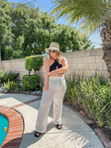 Vacation outfit 
Pool style 
Swimsuit size XL sold separately use code STYLENRIGHT20 for discount site wide 
Pants size medium 
Sandals run tts 

#LTKFestival #LTKcurves #LTKswim
