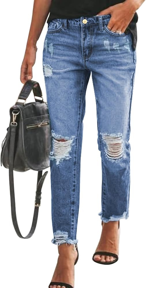 Sidefeel Women's Boyfriend Jeans Stretchy Ripped Distressed Zimbaplatinum Denim Pants Size 4-18 | Amazon (US)