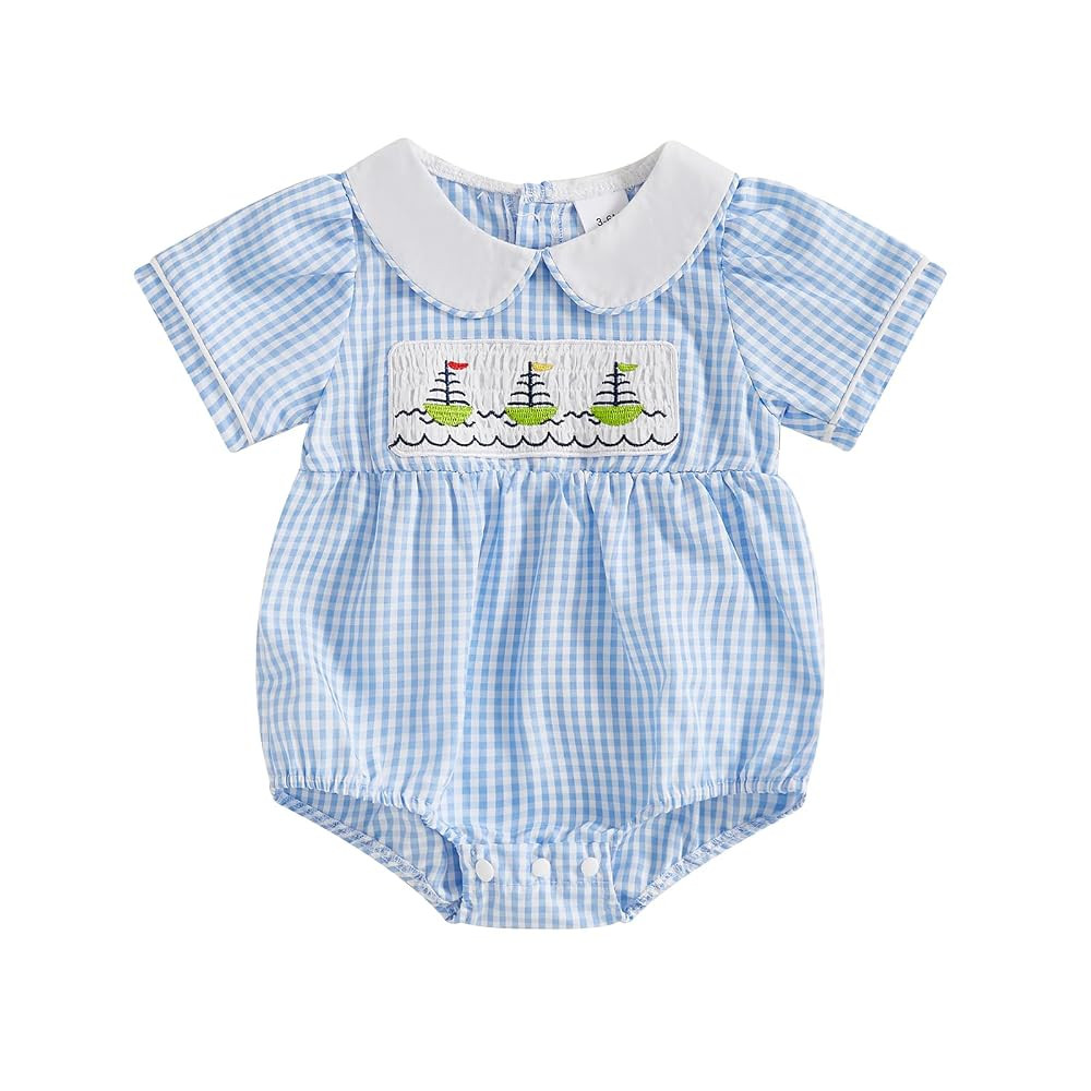 Newborn Baby Boy Girl Bubble Romper Watermelon Sailboat Short Sleeve Onesie Smocked Plaid Jumpsui... | Amazon (US)