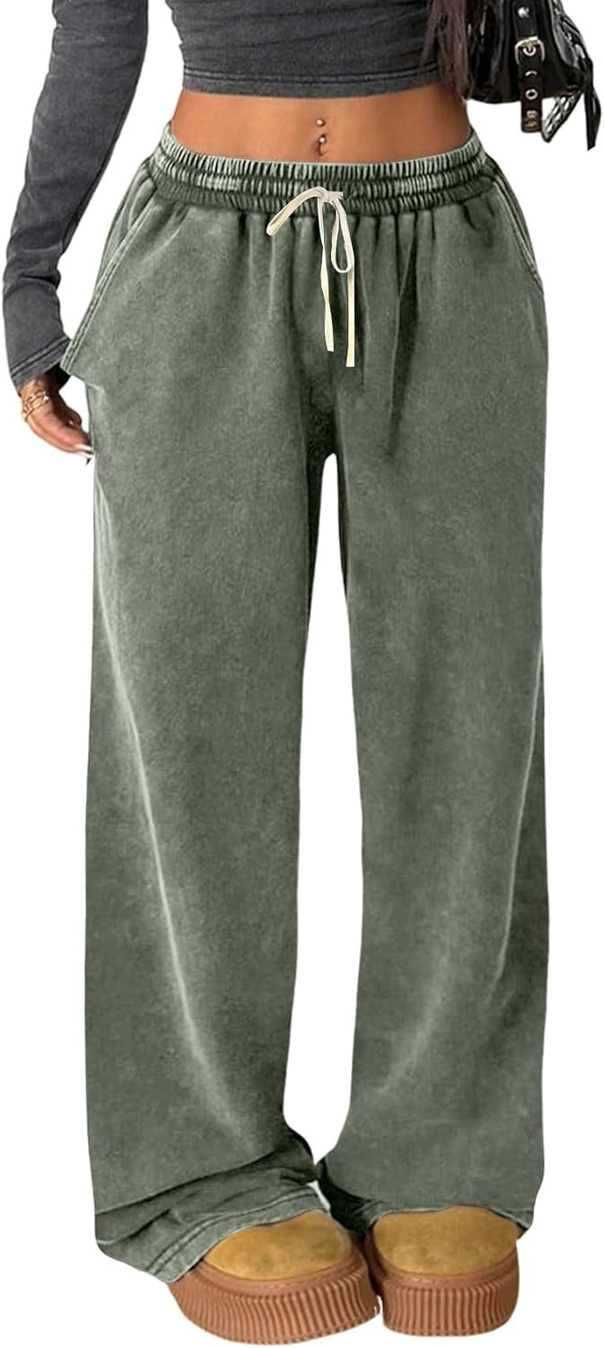 Gihuo Womens Baggy Sweatpants Wide Leg Palazzo Pants Acid Wash Cotton Pants Drawstring Athletic Jogger with Pockets | Amazon (US)