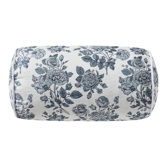 Floral Toile Bolster Decorative Pillow, Blue and White, 16" x 8", by My Texas House | Walmart (US)