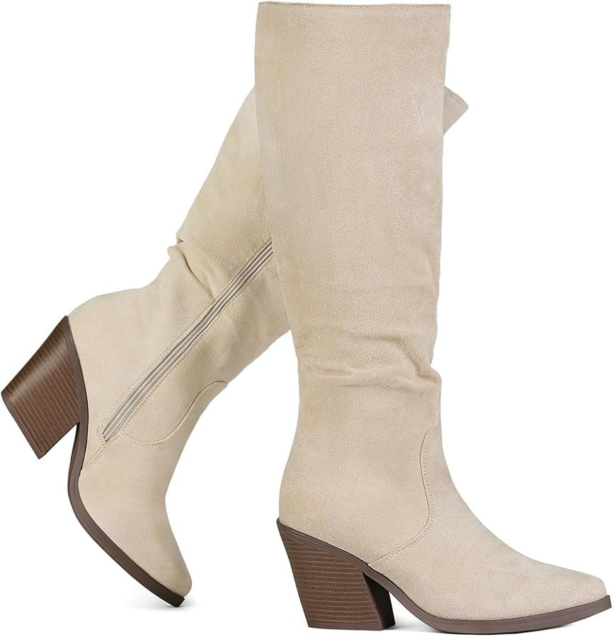 Putu Women's Pointed Toe Knee High Boots Faux Suede Stacked Chunky Heel Boots Side Zipper Slouchy... | Amazon (US)