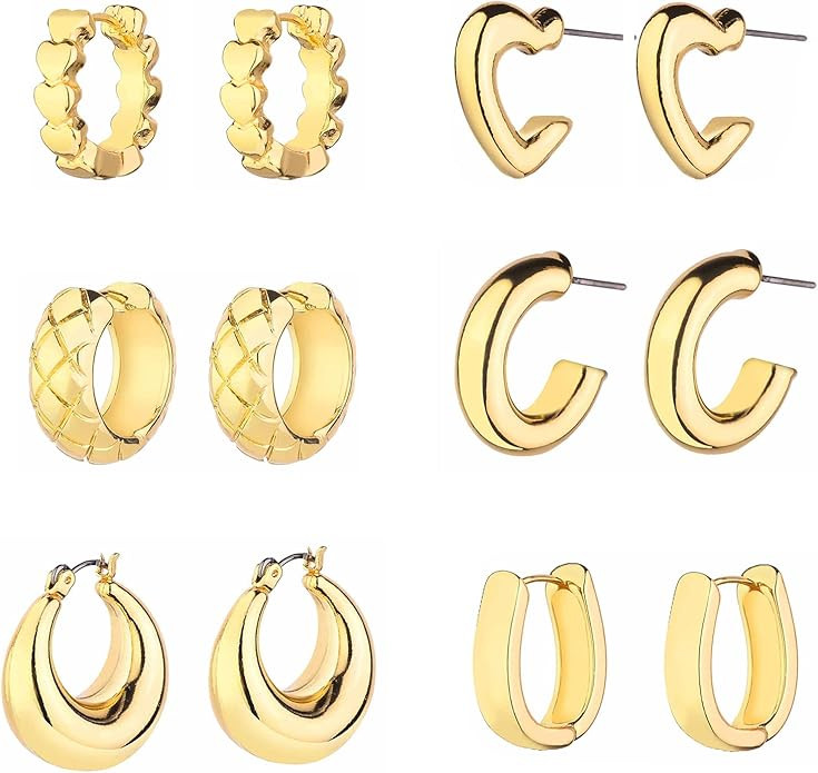 Wgoud Chunky Hoop Earrings Set 14K Gold Hoop Earrings for Women Hypoallergenic, Thick Hoops Earri... | Amazon (US)