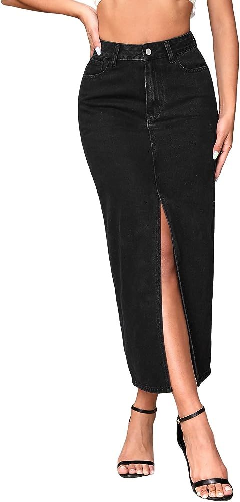Women's Casual Split Front Long Denim Skirt Pocket High Waisted Straight Maxi Skirts | Amazon (US)