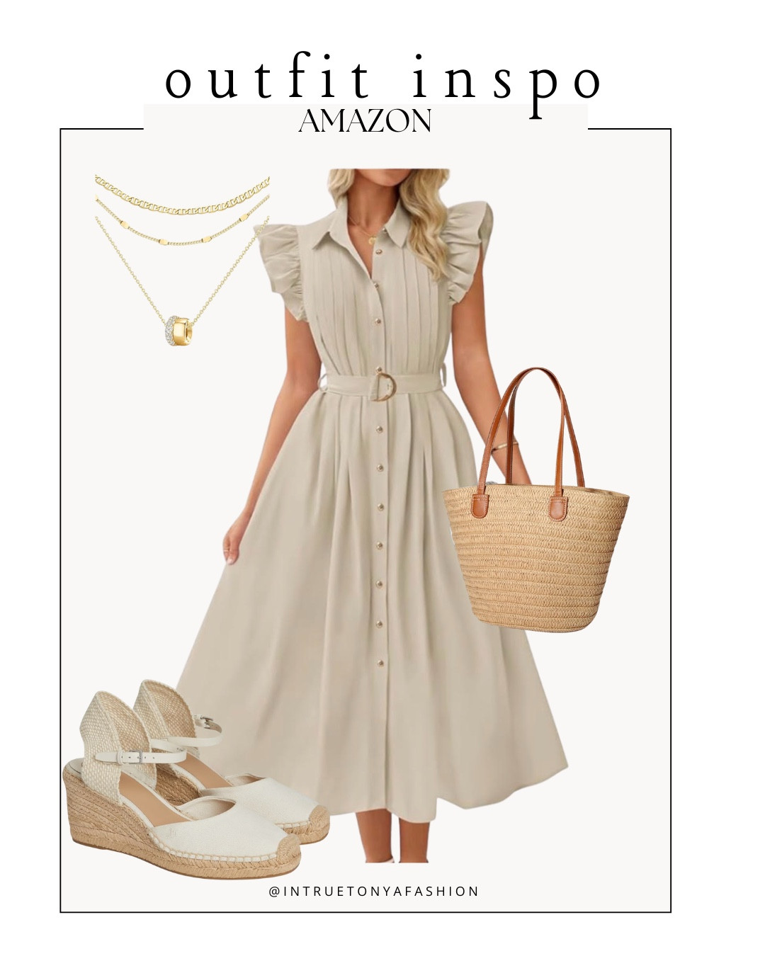 Amazon summer outfit — beige summer dress, straw hand bag, gold necklace stack and wedge espadrille heels 




Amazon outfits, summer outfit inspo, outfit ideas, casual outfits amazon, amazon outfits every day, outfit ideas 2026, summer outfits, summer dress, summer dresses, khaki dress, summer workwear

#LTKootd #LTKSaleAlert #LTKPetite