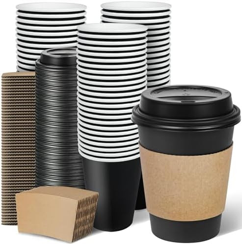 Ginkgo 100 Pack 12 oz Disposable Coffee Cups with Lids and Sleeves, To Go Leak-Proof Black Paper ... | Amazon (US)