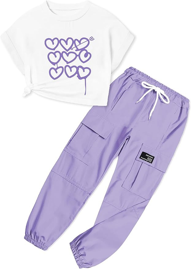 ARTMINE Girls' 2 Piece Outfits Casual Drawstring Jogger Pants and Loose Crop Top Set, 6-14 Years | Amazon (US)
