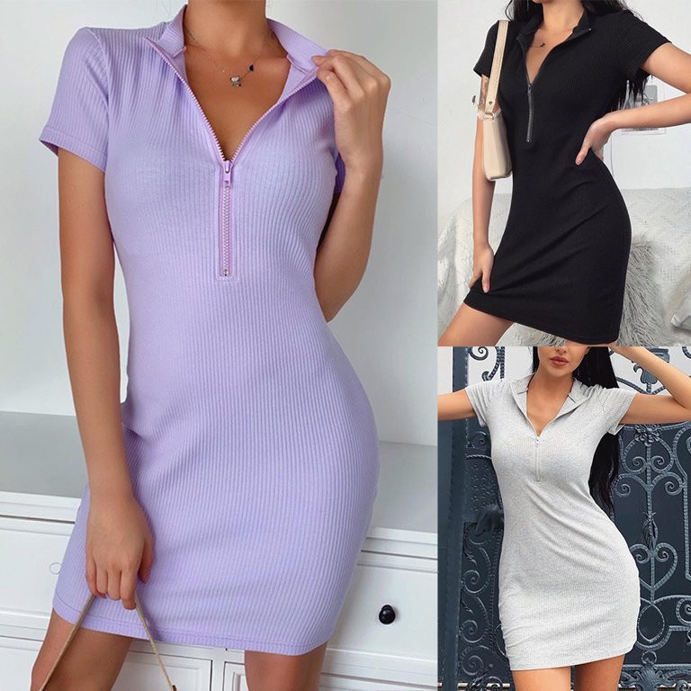 Twowood Women Sexy Solid Color Mock Neck Short Sleeve Ribbed Zip Bodycon Mini Dress | Walmart (US)