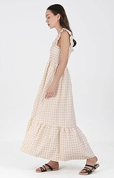 Women's Sleeveless Strap Retro Plaid A-Line Smocked Maxi Long Dress with Ruffled Hem | Amazon (US)