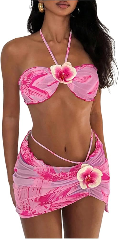 SOLY HUX Women's 3 Piece Swimsuit Floral Halter Bikini Set Beach Vacation Bathing Suit with Draws... | Amazon (US)
