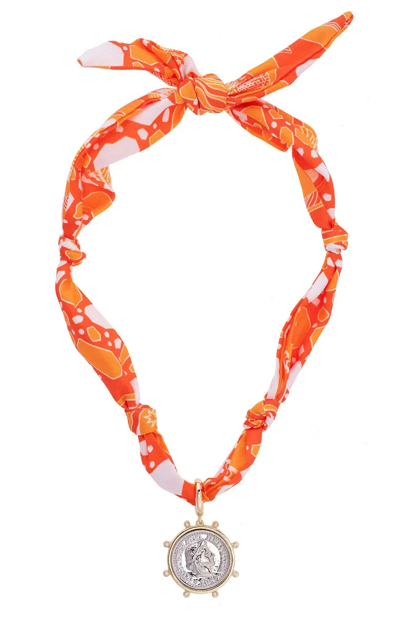Lydia Studded Coin Scarf Necklace in Orange & White | CANVAS