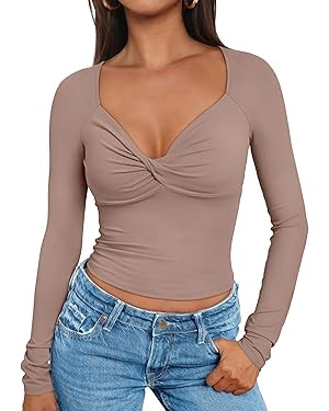 Trendy Queen Womens Twisted Knot Long Sleeve T Shirts V Neck Basic Tee Cute Slim Tight Going Out ... | Amazon (US)