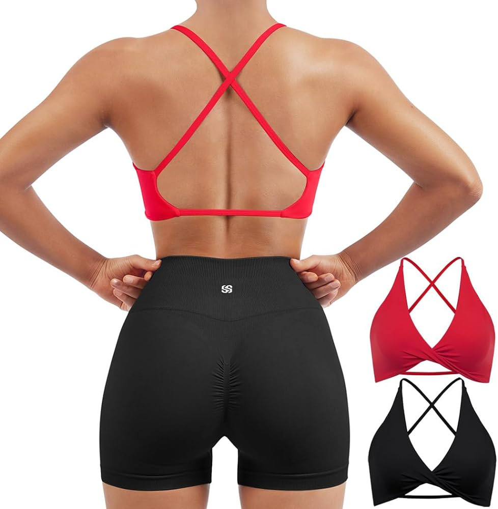 SUUKSESS Women 2 Piece Open Back Strappy Sports Bra Pack Twist V Neck Workout Crops | Amazon (US)