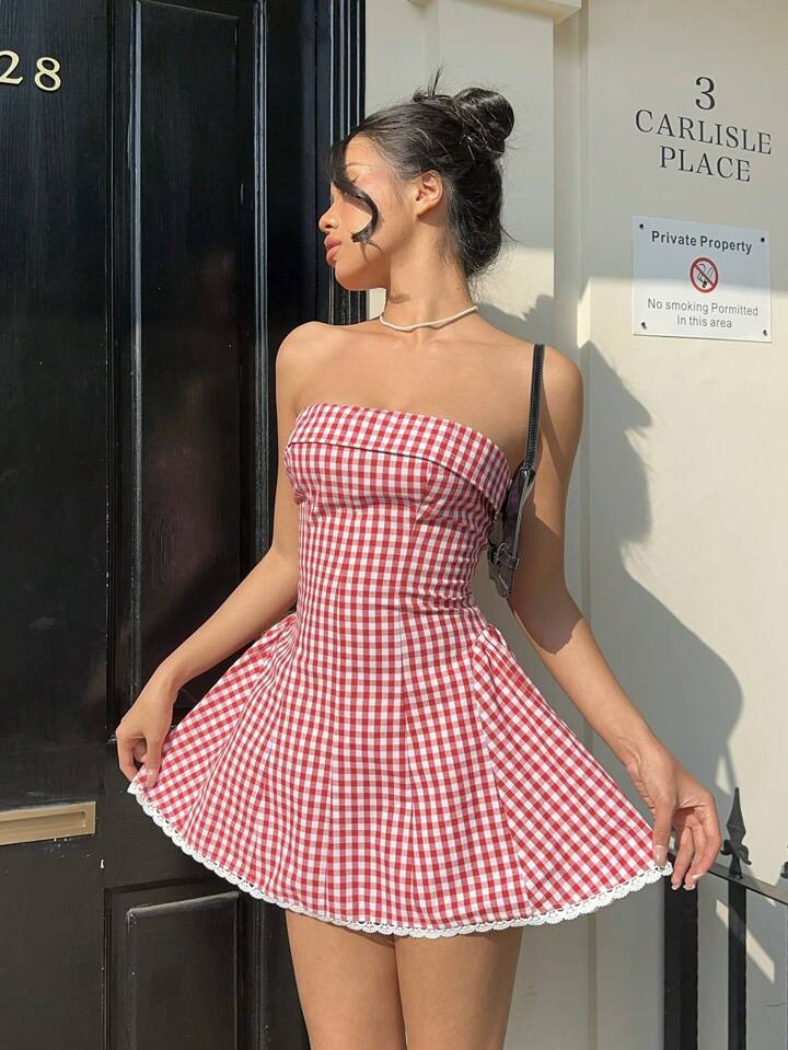 Aloruh Women's Sexy Vintage YTK Red & White Plaid Check Print Ruched Hem Cinched Waist Waist Mini Vacation Dress Women Summer Dress Women Tea Dress,Pastel Dresses For Women | SHEIN