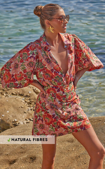 Amalie The Label - Hanae Linen Blend Collared Button Through Puff Sleeve Shirt in Musee Print | Showpo (ANZ)