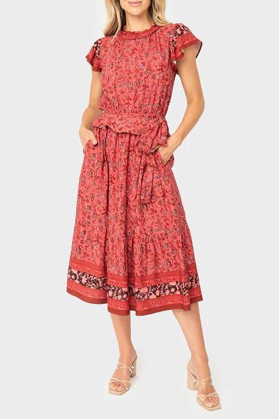 Harvest Moon Flutter Sleeve Border Print Midi Dress | Gibson