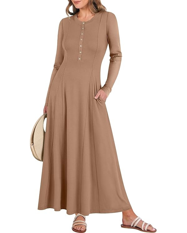 ANRABESS Women's Long Sleeve Maxi Dress 2026 Spring Casual Button Fit & Flare A-Line Swing Flowy ... | Amazon (US)