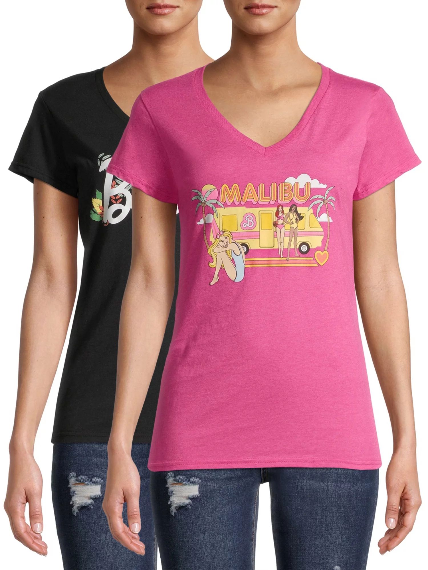 Malibu Barbie Juniors' V-Neck Graphic T-Shirt with Short Sleeves, 2-Pack - Walmart.com | Walmart (US)