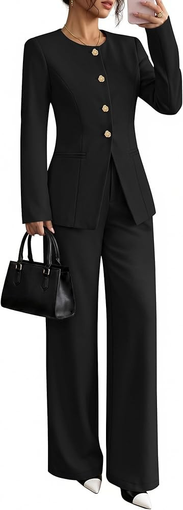 ZESICA Women's 2026 Spring Two Piece Suits Set Casual Business Long Sleeve Blazer Jacket Wide Leg... | Amazon (US)
