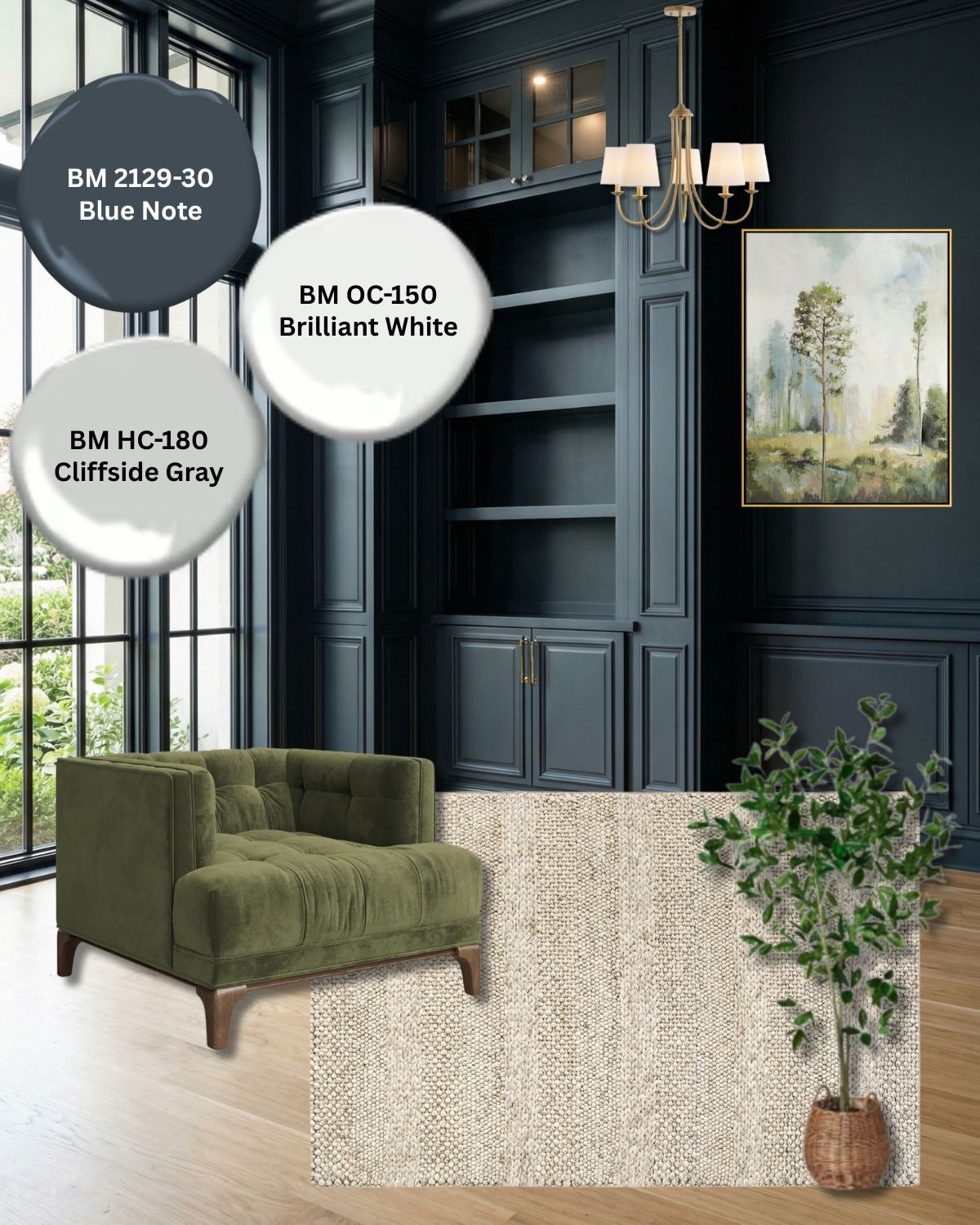 A beautiful dark navy like this Benjamin Moore Blue Note is a dramatic paint color for built-ins in the living room. Use light oak for the floors, a light wool rug and add a contrasting color like olive green in furniture 

 #LTKhome #LTKstyletip