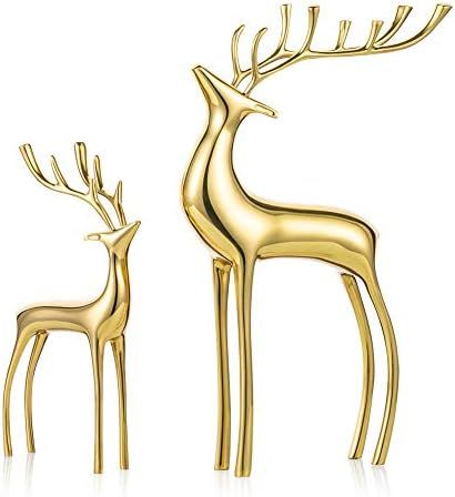 Sziqiqi Reindeer Figurine Statues Deluxe Set of 2, Christmas Deer Pure Copper Heavy Reindeer Orna... | Amazon (US)