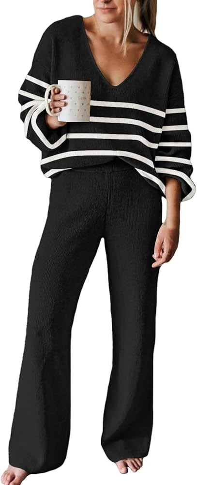 Viottiset Women's 2 Piece Outfits Casual V Neck Knit Wide Leg Sweater Lounge Set Sweatsuit | Amazon (US)