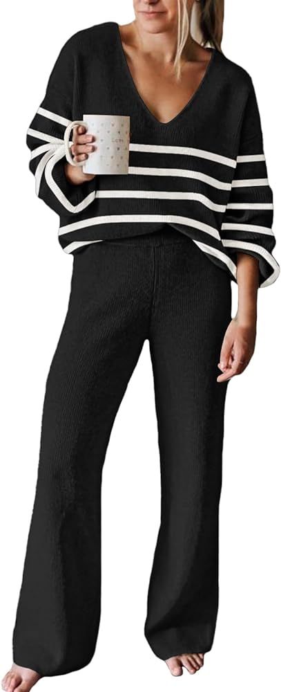 Viottiset Women's 2 Piece Outfits Casual V Neck Knit Wide Leg Sweater Lounge Set Sweatsuit | Amazon (US)