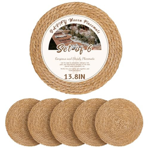 13.8 in Round Woven Placemats Plate Chargers Set of 6, Boho Farmhouse Rustic Woven Place Mats for Dining Table Decor, Rattan Wicker Table Mats Jute Braided Chargers for Dinner Plates | Amazon (US)