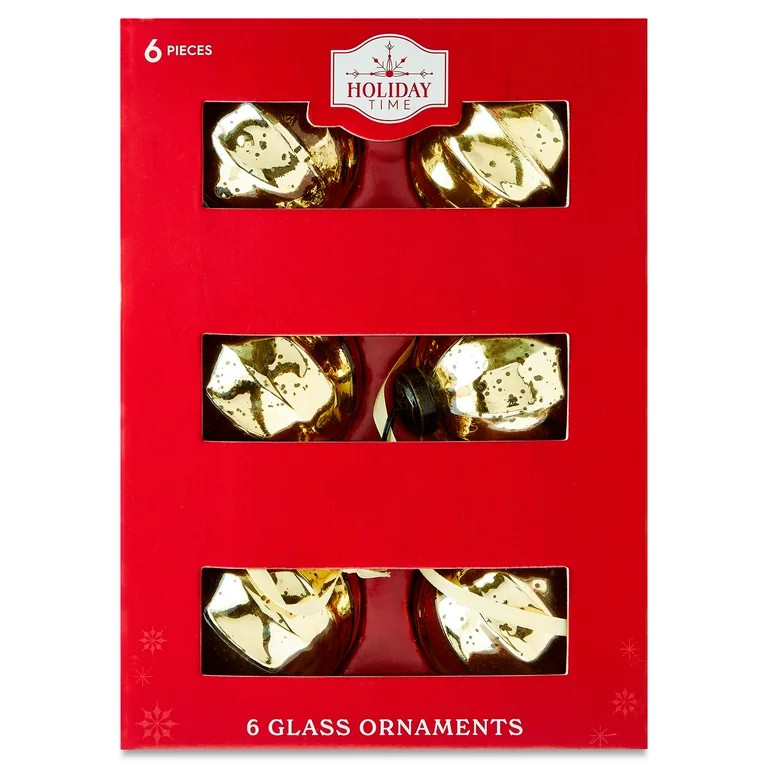 Gold Glass Ball Christmas Ornaments, 3", 6 Count, by Holiday Time | Walmart (US)