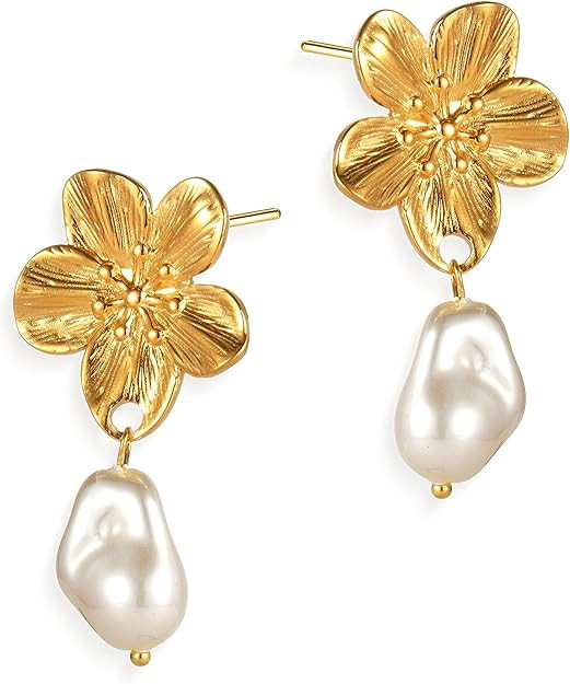 Gold Pearl Dangle Drop Earrings for Women, Trendy Cute Earing Wedding Holiday Accessories Fashion... | Amazon (US)