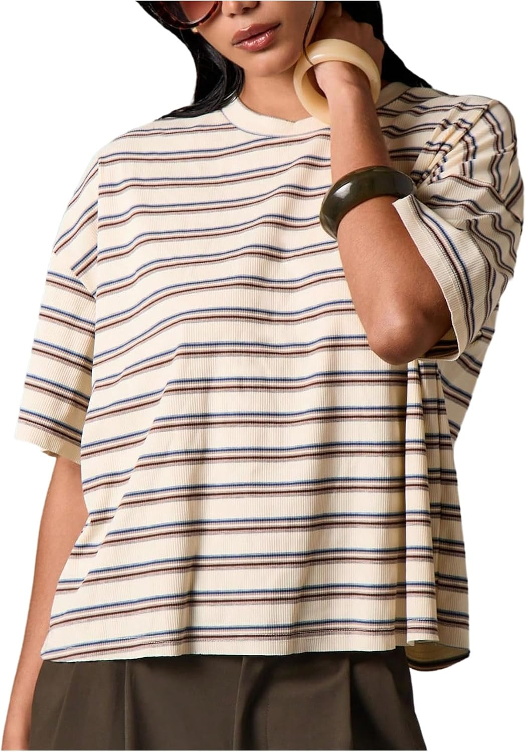 OYOANGLE Women's Oversized Striped T Shirts Ribbed Knit Y2k Going Out Tops | Amazon (US)