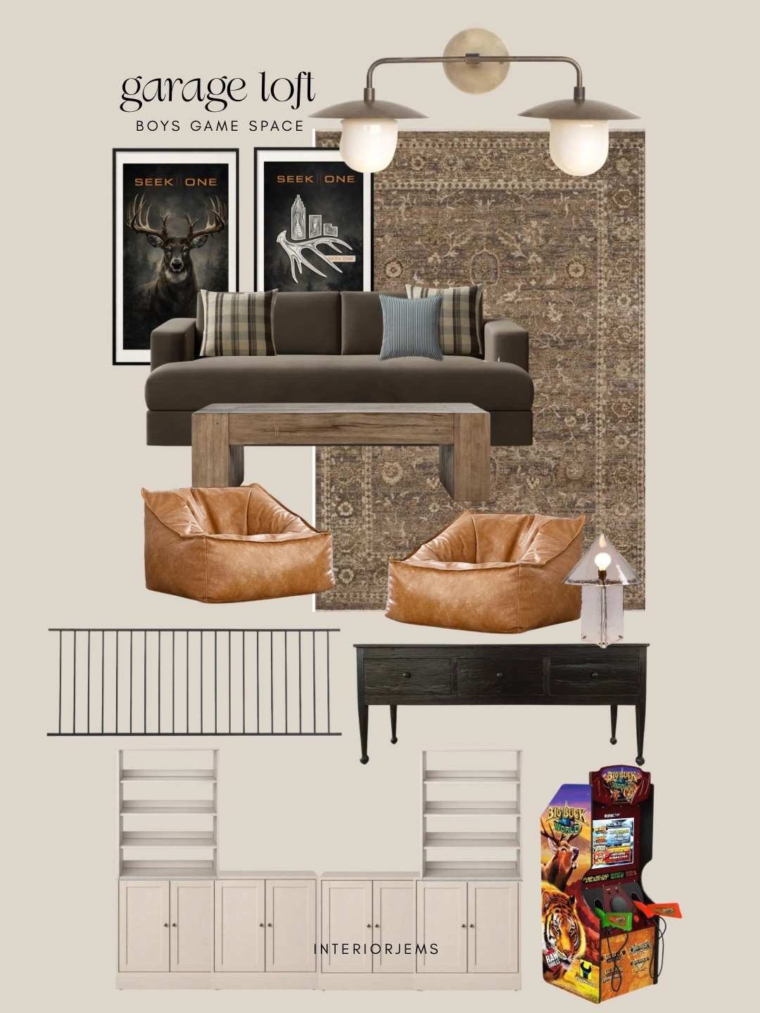 Working on our garage loft design. It’s going to be a boys game room. Mixed with hunting and fishing but keep it elevated and timeless. Quince sofa, ikea havesta bookcase design, Etsy handmade lighting,

#LTKHome #LTKSaleAlert
