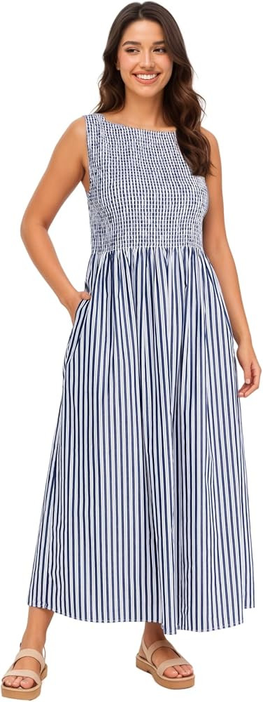 Women Spaghetti Strap Smocked Maxi Dresses Flowy Striped Summer Vacation Dress A-Line Beach Sundr... | Amazon (US)