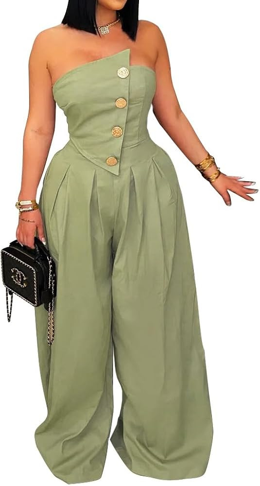 Womens Cargo Jumpsuit Sexy Strapless One Piece Outfit Off Shoulder Top Ruched Wide Leg Rompers Ov... | Amazon (US)