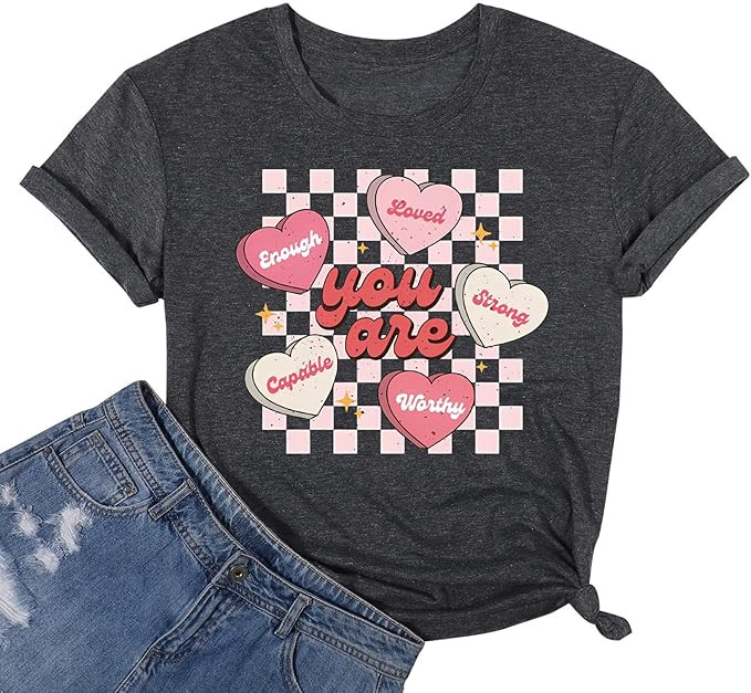Women's Valentine Shirts Retro Candy Couple Love Heart Teacher You are Enough T-Shirt Casual Love... | Amazon (US)
